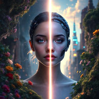 The primary subject of the image is a woman with a futuristic look, wearing a metallic headpiece. She is surrounded by a lush green forest, which serves as the setting for the scene. The visual style of the image is a combination of photo and digital art, creating a unique and intriguing atmosphere. The dominant colors in the image are green and blue, which contribute to the overall mood of the scene.